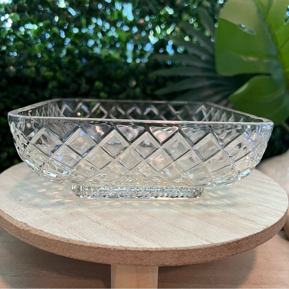 Vintage Federal Glass Clear Diamond Lattice Bowl Square Criss Cross Depression